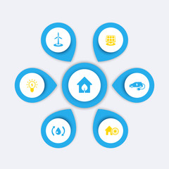 Sticker - Green ecologic house, energy saving modern technologies, infographics elements, icons, vector illustration