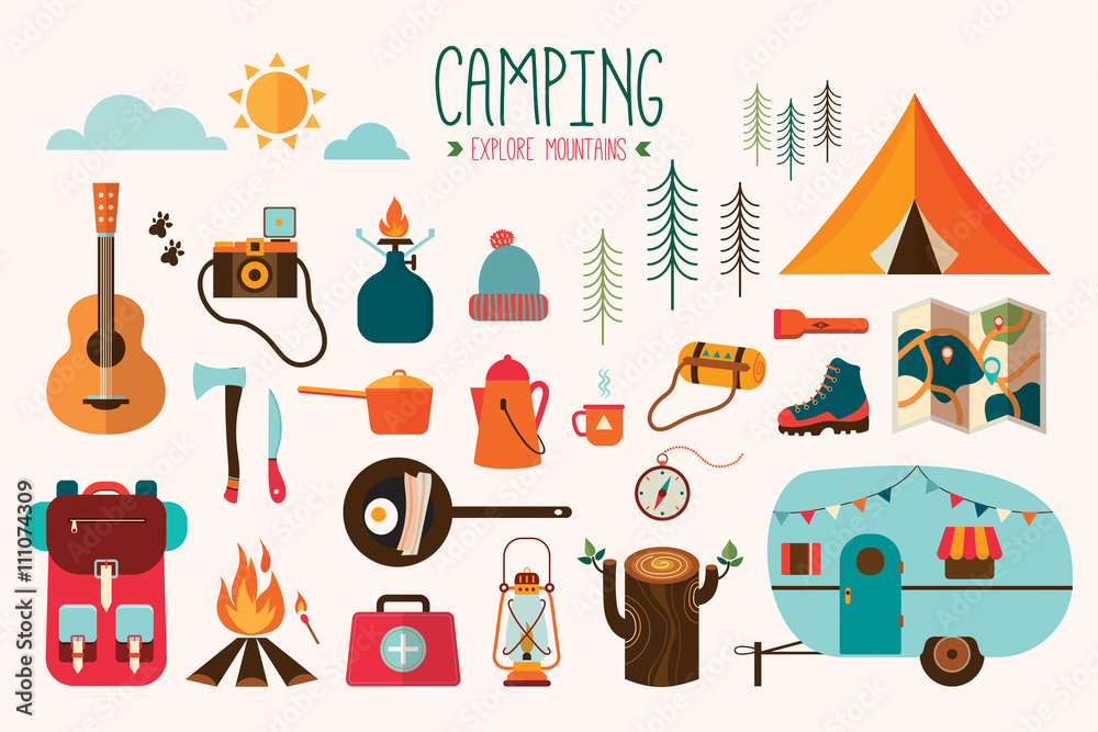 Camping equipment vector collection - obrazy, fototapety, plakaty 