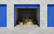 Open self storage unit full of cardboard boxes. 3d rendering