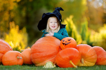 adorable little girl wearing halloween costume having fun on a pumpkin patch