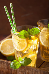 Canvas Print - ice tea with lemon and mint on dark rustic background