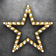 Wall Mural - Retro star with light bulbs on concrete background. 3D rendering