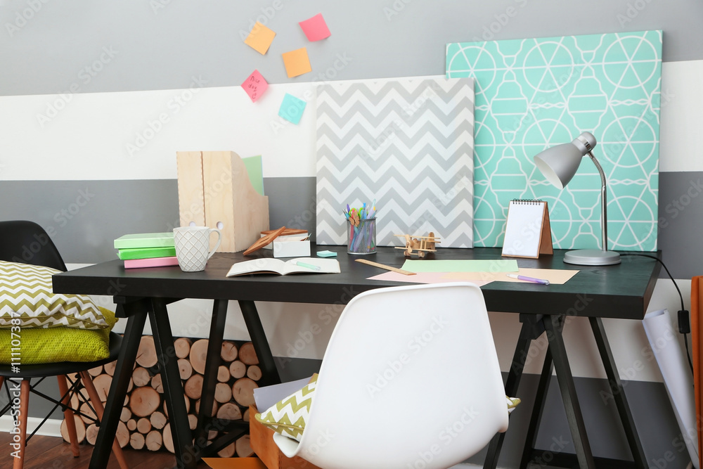 Workplace of creative person indoors