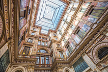 Detail Of The Famous Glass Roof Galleria Alberto Sordi, The Oldest Shopping Center, Located In Piazza Colonna In Rome, Italy.