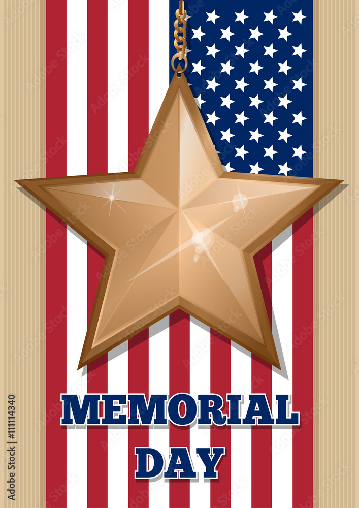 Inscription - Memorial Day and golden star on the US flag background ...