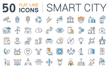 Wall Mural - set vector flat line icons smart city