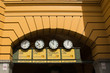 Station clocks at the main entrance of Flinders Street Railway Station in Melbourne Victoria, Australia.  Flinders Street railway station serves the entire metropolitan rail network.