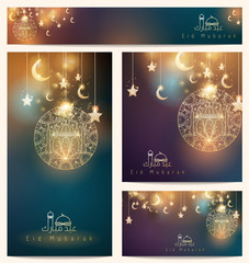 Beautiful arabic pattern floral ornament star and crescent mosque for greeting business card - Eid mubarak