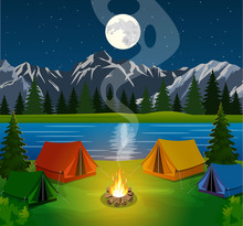 Poster Showing A Campsite With A Campfire