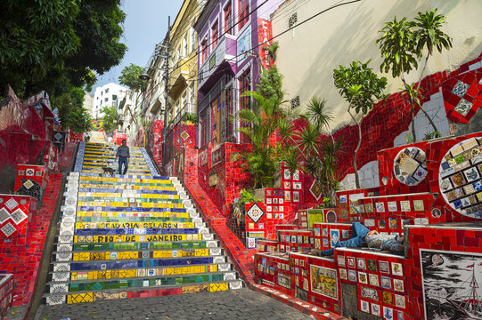 an early morning view of the escadaria selarón (selaron steps), a tourist attraction adjacent to the