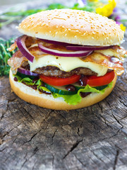 Wall Mural - Homemade burgers on wooden background