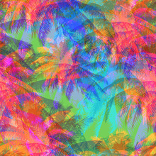   Tropical Pattern Depicting Pink And Purple Palm Trees With  With Yellow Highlights Reflections On A Turquoise Background In Crazy Colors