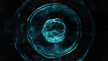 Poster - abstract particles background with glow and orange bright elements, distorted spheres with different radius and opacity made of dots