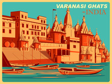 Vintage Poster Of Varanasi Ghats Of Uttar Pradesh Famous Place In India