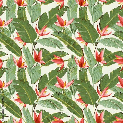 Plakat na zamówienie Seamless Pattern. Tropical Palm Leaves and Flowers Background. 