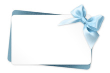 Gift Card With Blue Ribbon Bow Isolated On White Background