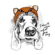 Basset Hound Dog In A Fox Muzzle Hat. Vector Illustration.