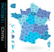 Carte de France / 13 régions et outre-mer avec départements, numéros et chefs-lieux / Un tracé autonome par zone)