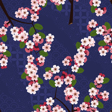 Seamless Floral Pattern With Cherry Sakura Flowers On Blue Japanese Background