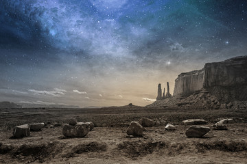 view of a rocky desert landscape at dusk