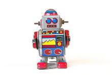 Isolated Vintage Tin Robot Toy, Straight Face Without Key On White Background