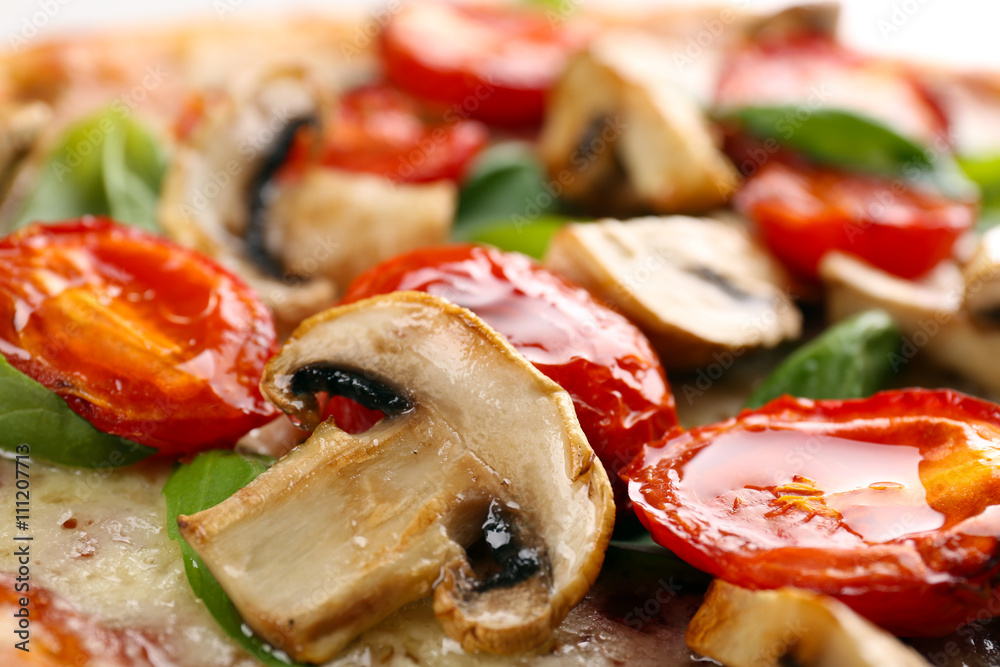 Delicious tasty pizza, closeup