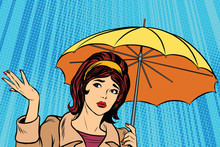 Beautiful Sad Girl In Rain With Umbrella, Bad Weather