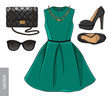 Lady fashion set of spring season outfit. Illustration stylish and trendy clothing. Dress, bag, accessories, sunglasses, high heel shoes. Black, emerald.