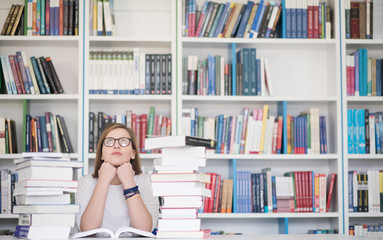 Poster - female student study in library, using tablet and searching for