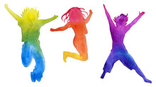 Set Of Children Silhouettes In Colors. Isolated. Watercolor