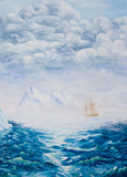 Oil painting on canvas.Sailboat among ice rocks