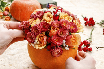 Poster - How to make a floral arrangement inside the pumpkin tutorial.