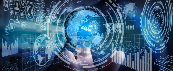 Poster - Businessman holding digital charts and globe