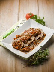 Canvas Print - roasted meat with tomatoes, selective focus