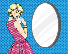 Beautiful Woman In Front Of Mirror. Vector Illustration In Comics Retro Pop Art Style