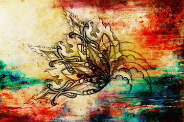 Aufkleber - ornamental filigran drawing on paper with flower and flame structure pattern, Color effect and Computer collage.