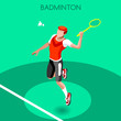 Badminton Player Summer Games Icon Set.3D Isometric Badminton Player.Sporting Championship International Badminton Competition.Sport Infographic Badminton Vector Illustration