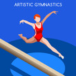 Artistic Gymnastics Balance Beam Summer Games Icon Set.3D Isometric Gymnast.Sporting Championship International Competition.Sport Infographic Gymnastics Vector Illustration.