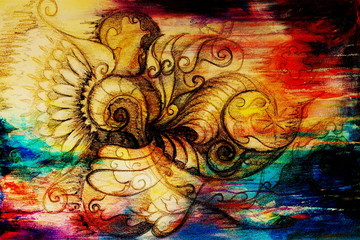 Poster - ornamental filigran drawing on paper with spirals, flower petals and flame structure pattern, Color effect and Computer collage.