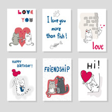 Set Of Cards Templates With Cute Cats. Love Theme. Vector Illustration. Cards Design With Cartoon Cats For Birthday, Anniversary, Party Invitations. 
