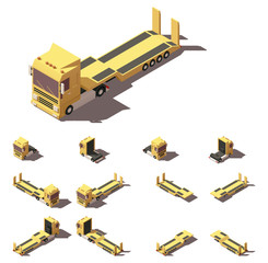 Wall Mural - Vector isometric truck with lowboy semi-trailer icon set