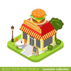 Wall Mural - Fast food diner restaurant cafe shop burger shape building realty real estate concept. Flat 3d isometry isometric style web site app icon concept vector illustration. Build your own world collection.