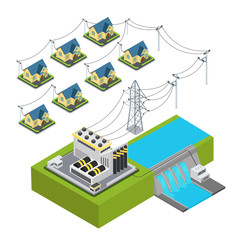 Canvas Print - Water power plant energy hydro station green village supply cycle infographic concept. Flat 3d isometry isometric style web site vector illustration. Ecology eco lifestyle sustainable world collection