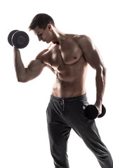 Muscular man doing exercises with dumbbells isolated on white background