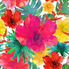 Seamless floral  background. Tropical colorful pattern. Isolated flowers and leaves.