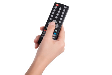 woman hand with television remote control isolated on white back