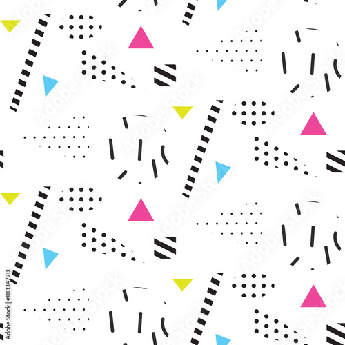 Naklejka dekoracyjna Memphis retro 80s seamless pattern. Checkered lines, abstract shapes, color blocks and dash dots elements in eighties fashion style. Dotted triangles and dashed shapes on white.