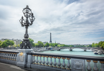 Wall Mural - view on seine river and eiffel tower from alexander iii bridge in paris, france.