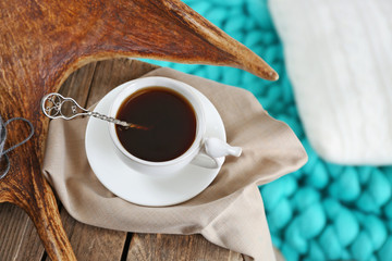 Fototapete - Beautiful winter composition with cup of hot drink