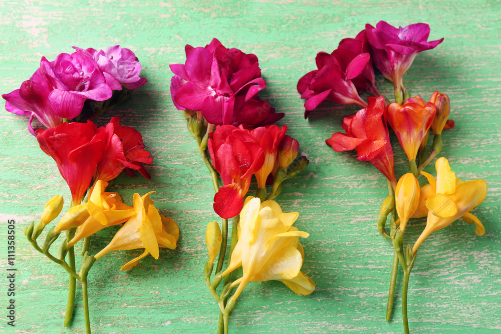 Beautiful freesia flowers on wooden background